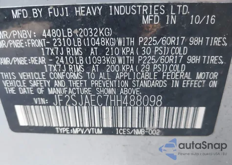 2017 Subaru Forester 2.5I Premium z USA, uszkodzony, nr VIN JF2SJAEC7HH488098